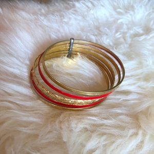 Boho Vintage Gold Red 5-Bangle Metal Bracelet Set